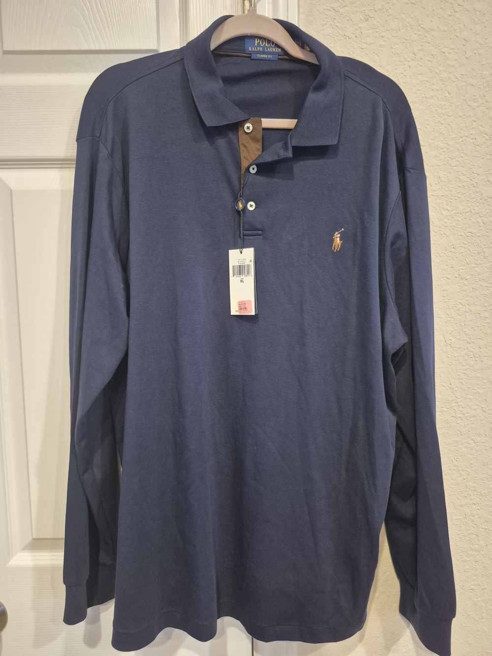 Classic Long-Sleeve Polo Shirt in Navy with Brown Placket